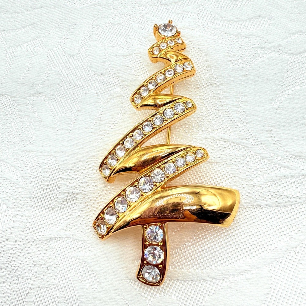 Vintage Monet Gold Tone Christmas Tree Zig-Zag Brooch w/ Rhinestones